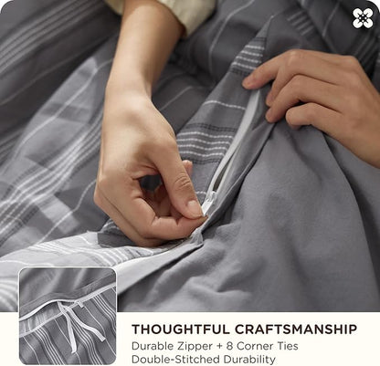 Bedsure Striped Duvet Cover King Size, 100% Washed Cotton PureWoven Duvet Cover Linen Like Textured, Classic Striped Pattern Enhances Bedroom Comfort and Style, Stripes Grey, 104"x90"