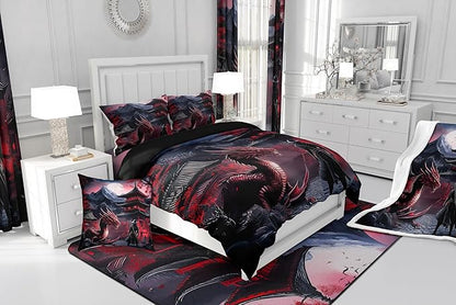Feelyou Dragon Bedding Set King Size Kids Samurai Comforter Cover Set for Boys Japanese Style 3D Dragon Theme Anime Ancient Wildlife Duvet Cover Red Bedspread Cover Room Decor Quilt Cover,No Comforter