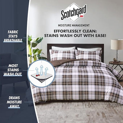 Madison Park Essentials Parkston Plaid Comforter, Matching Sham, 3M Scotchguard Stain Release Cover, Hypoallergenic All Season Bedding-Set, Full/Queen, Brown, 3 Piece