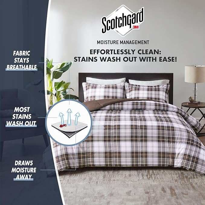Madison Park Essentials Parkston Plaid Comforter, Matching Sham, 3M Scotchguard Stain Release Cover, Hypoallergenic All Season Bedding-Set, King/California King, Brown, 3 Piece