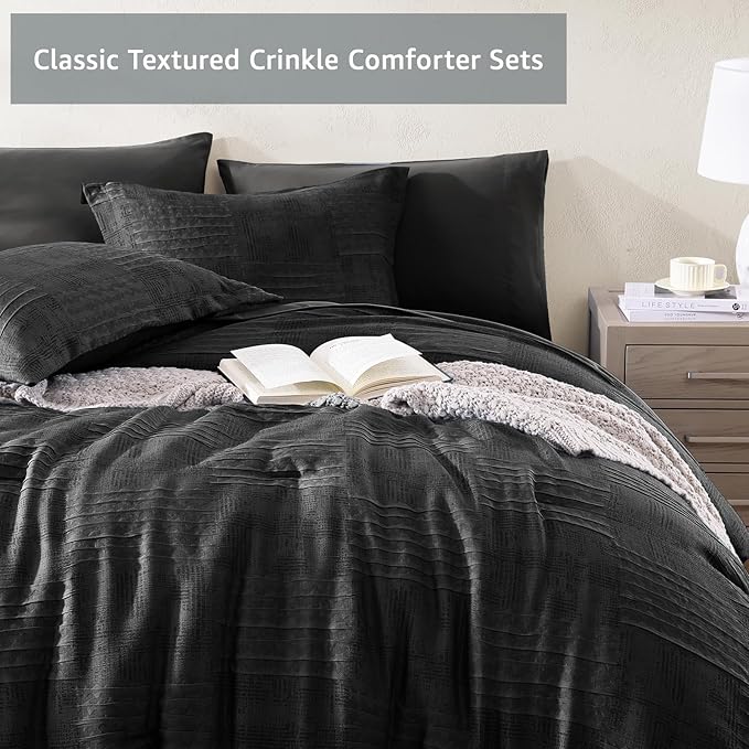 MaiRêve King Comforter Set Black, Textured Design Crinkle Bedding Sets 7 Pieces, All Season Bed in A Bag with Comforter, Sheets, Pillowcases & Shams