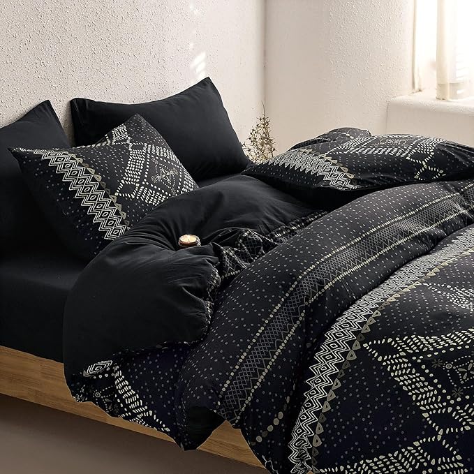 Wake In Cloud - Boho Comforter Set, Farmhouse Bohemian Western Aztec Neutral Aesthetic, Soft Lightweight Bedding, 3 Pieces, Charcoal Black, Full Size