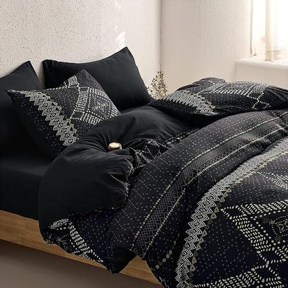 Wake In Cloud - Boho Comforter Set, Farmhouse Bohemian Western Aztec Neutral Aesthetic, Soft Lightweight Bedding, 3 Pieces, Charcoal Black, Full Size