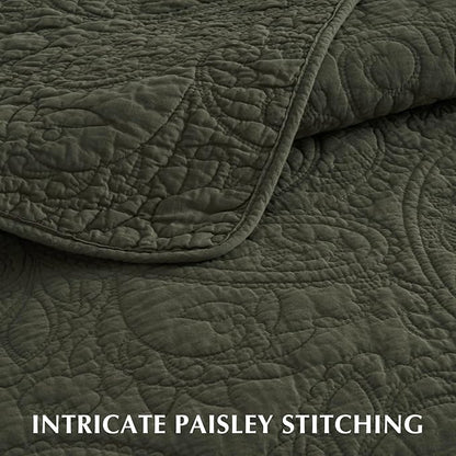 EVERGRACE 100% Cotton Paisley Quilt Set, Queen Size 3 Piece Set – Prewashed Lightweight Bedspread with 2 Shams, Soft & Breathable Coverlet for All-Season Comfort, Olive Green