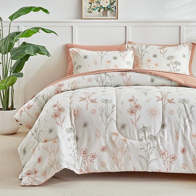 AIKASY Bed in a Bag 7 Pieces - Floral Print - Soft Microfiber, Reversible Bed Comforter Set (1 Comforter, 2 Pillow Shams, 1 Flat Sheet, 1 Fitted Sheet, 2 Pillowcases) (Sea Green, Queen)