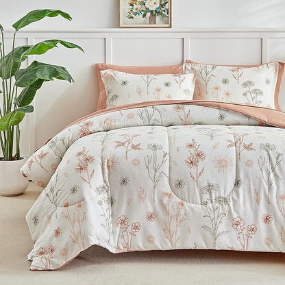 AIKASY Bed in a Bag 7 Pieces - Floral Print - Soft Microfiber, Reversible Bed Comforter Set (1 Comforter, 2 Pillow Shams, 1 Flat Sheet, 1 Fitted Sheet, 2 Pillowcases) (Sea Green, Queen)