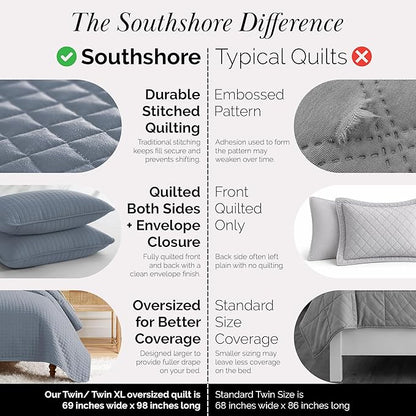 Southshore Fine Living, Inc. Twin Quilt Set, Quilted Blue Bedspread Twin/XL Quilt with Matching Pillow Sham, Soft Microfiber, Lightweight Coverlet Set, Easy Care, Machine Washable, Slate Blue