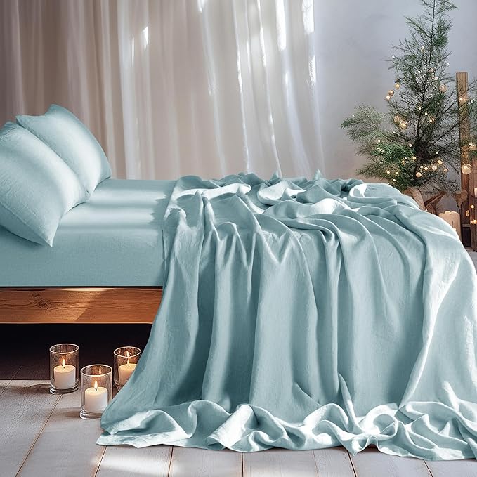 LBRO2M 100% Pure Linen Sheet Set Deep Pocket Up to 16" Bed Sheets Sets, Natural Flax Beddings Soft, Breathable, Comfortable for All Seasons 4 Pcs Sheet Set Queen Size, Ocean Blue