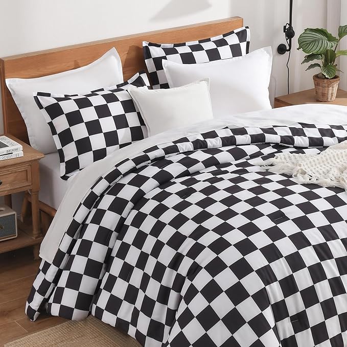 Andency Checkered Comforter Twin(66x90Inch), Black White Plaid Gingham Buffalo Grid Bedding Comforter Sets for Boys Kids Teens, 2 Pieces Lightweight Polyester Geometric Preppy Bed Set