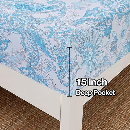 JSD Blue Paisley Sheet Set Cal King, 4 Piece Soft Floral Printed Microfiber Sheets Extra Deep Pocket