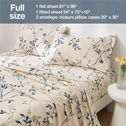 JSD Beige Leaves Print Sheet Set Full Size, 4 Piece Soft Botanical Microfiber Sheets Extra Deep Pocket Wrinkle Free