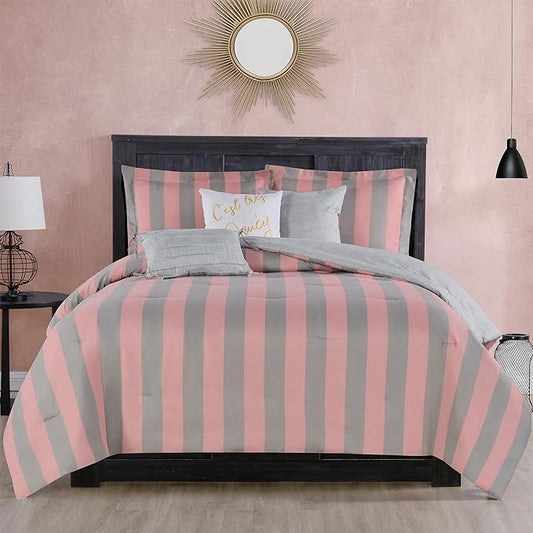 Juicy Couture Cabana Stripe Reversible Bedding Set - Queen/Full Size - Pink and Grey Stripe Print - 6 Piece Set - Includes 1 90 x 90 Comforter, 3 Decorative Pillows, 2 Shams