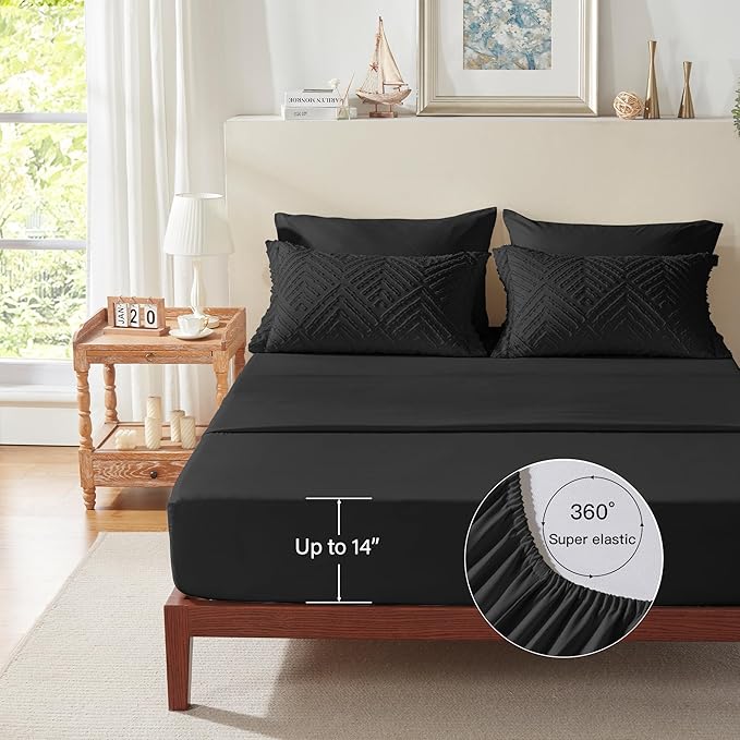 Zzlpp King Comforter Set 7 Pieces, Black Tufted Bed in a Bag with Comforter and Sheets, All Season Boho Bedding Sets with Comforter, 2 Pillow Shams, 2 Pillowcases, 1 Flat Sheet, 1 Fitted Sheet