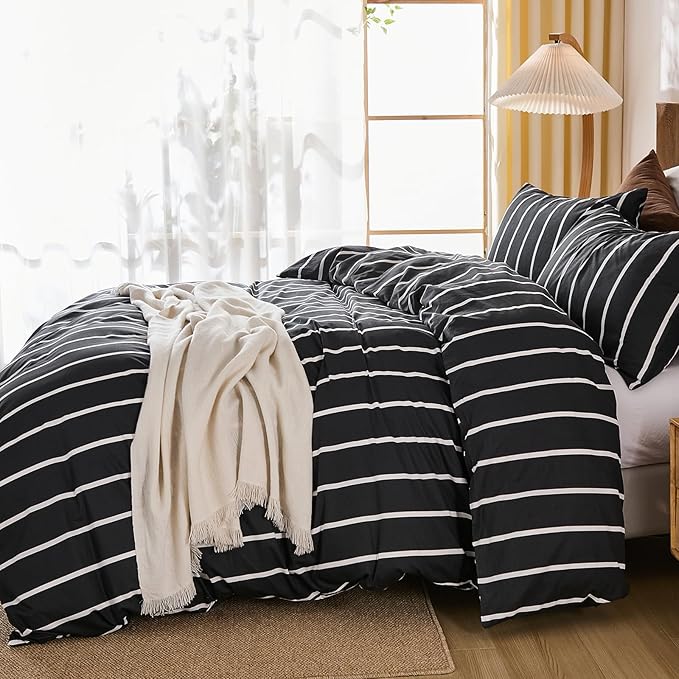 Merryword Black and White Striped Duvet Cover Set King Size - 100% Cotton Bedding Set 3 Pieces, Soft Breathable Comforter Cover with Pillowcases, Minimalist Chic Aesthetic Bedding Set for All Seasons