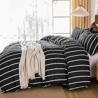 Merryword Black and White Striped Duvet Cover Set King Size - 100% Cotton Bedding Set 3 Pieces, Soft Breathable Comforter Cover with Pillowcases, Minimalist Chic Aesthetic Bedding Set for All Seasons