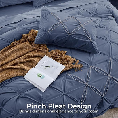 Sasttie Full Size Comforter Set, 7-Piece Bed in a Bag Double, Pintuck Bedding Set for All Season, Includes Comforter, Flat Sheet, Fitted Sheet, Pillowcases and Pillowshams, Indigo Blue