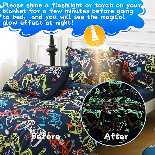 Glow in The Dark Kids Comforter Set, 7 Pieces Gamepad Pattern Bedding Set Full Size for Boys Girls Teen, 1 Comforter, 1 Pillowcase, 2 Pillow Shams