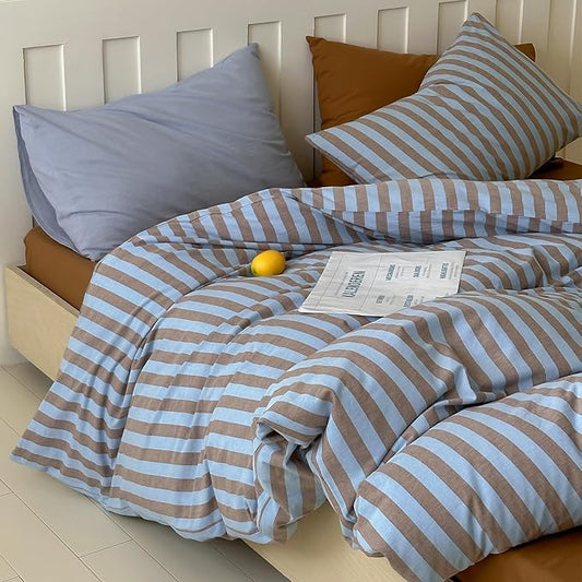 Blue Brown Striped Duvet Cover Set Twin XL, 100% Washed Cotton Vintage Stripes Pattern Printed Bedding Set, 3 Pieces Farmhouse Striped Comforter Cover, Soft Breathable Duvet Cover with Zipper Ties