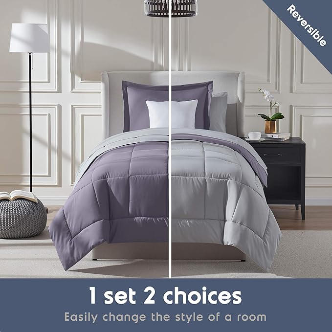 Nestl 5 Piece Twin Comforter Set – Grayish Purple Reversible Bed in a Bag – Complete Twin Size Bedding Set with Sheets, Pillowcase and Sham