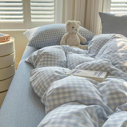 VM VOUGEMARKET Blue White Gingham Duvet Cover Set,Soft Washed Cotton Bedding Set,Minimalist Plaid Bed Set with Pillowcases,Cozy Bedroom & Dorm Decor,King Size