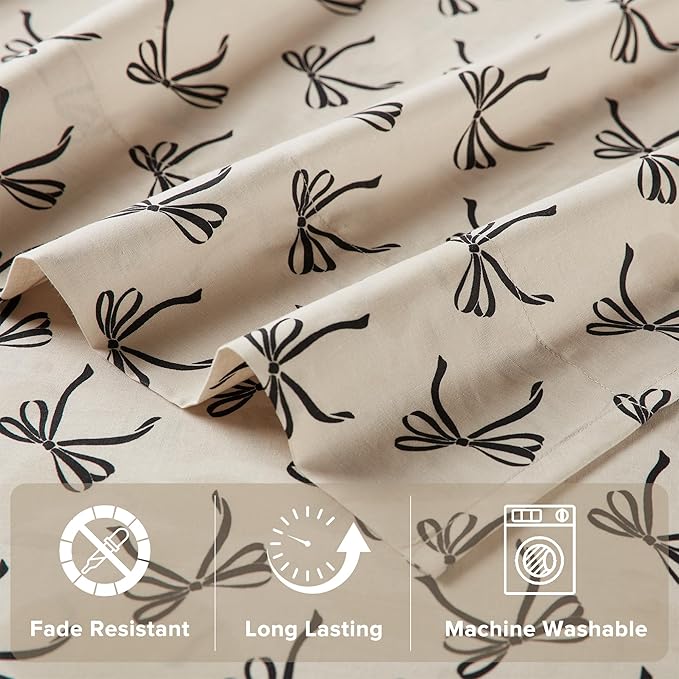 Comfort Spaces 100% Cotton Sheets Twin XL, Breathable, Naturally Cool Cotton Sheets, Cotton Bed Sheets with 12" Elastic Pocket Fits up to 14" Mattress, All Seasons Sheet Set, Bow Black/Taupe 3 Piece