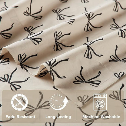 Comfort Spaces 100% Cotton Sheets Cal King, Breathable, Naturally Cool Cotton Sheets, Cotton Bed Sheets with 14" Elastic Pocket Fits up to 16" Mattress, All Seasons Sheet Set, Bow Black/Taupe 4 Piece