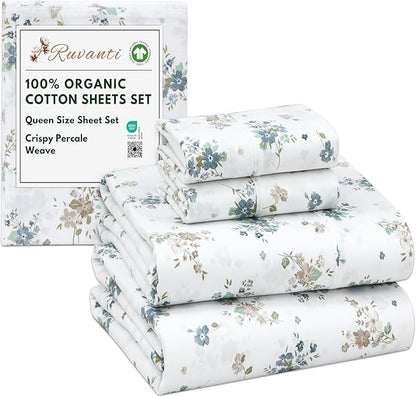 RUVANTI 100% Organic Cotton Sheets Queen Size, Percale Weave, GOTS Certified, 4-Piece Set, Deep Pocket 15", Crisp & Breathable, Soft Durable Bedding, Sábanas Algodón Orgánico – Halcyon