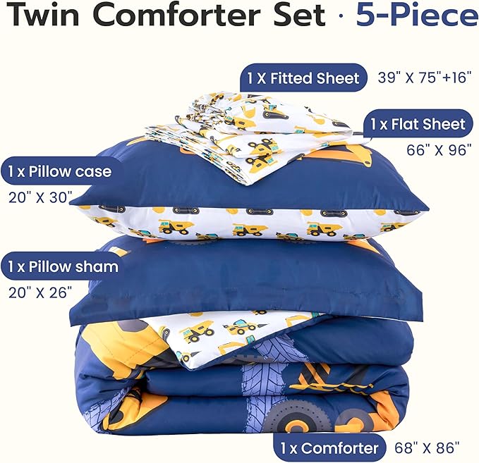 Joiedomi Kid Twin Comforter Set 5 Piece Construction Vehicle Bedding Set for Boys Girls Super Soft Microfiber Bed in a Bag with Comforter Sheets Pillowcase Sham