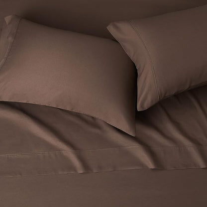 Amazon Basics Lightweight Super Soft, Breathable, Wrinkle-Free Microfiber 4 Piece Bed Sheet Set with 14-Inch Deep Pockets, Queen, Chocolate, Solid