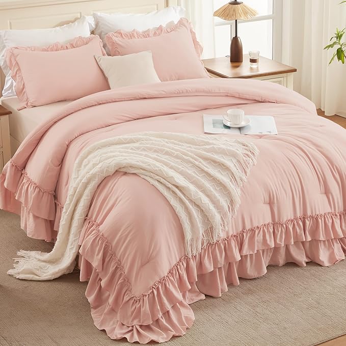 Andency Blush King Comforter Set(104x90Inch), 3 Pieces Farmhouse Shabby Chic Ruffle Bedding Comforter Sets, Lightweight Fluffy All Season Soft Polyester Bed Set