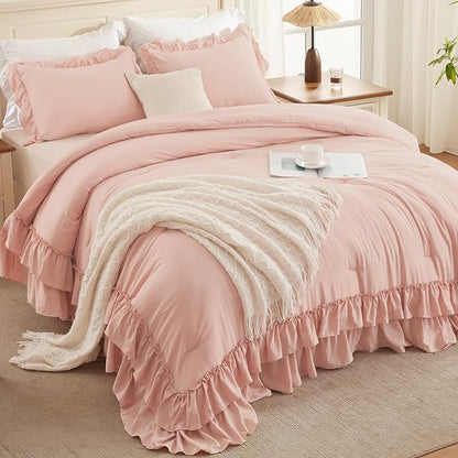 Andency Blush California King Comforter Set(104x96Inch), 3 Pieces Farmhouse Shabby Chic Ruffle Bed Comforter, Lightweight Fluffy Soft Polyester All Season Bedding Comforter Sets