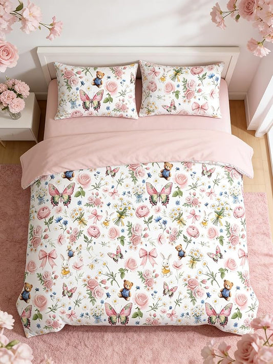5Pcs Pink Bow Comforter Set Full Size, Pink Floral Bed in a Bag for Girls, Priness Butterfly Bedding Set for Girly Bedroom Decor, 1 Comforter & 2 Pillowcases, 79"x90"