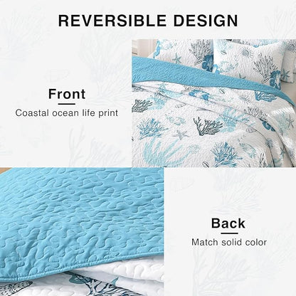 HORIMOTE HOME Coastal Quilt Bedding Set King Size, Reversible Blue Summer Beach Quilt Lightweight Ocean Nautical Comforter Tropical Bedspread Coverlet with 2 Pillow Shams for All Seasons (106"x96")