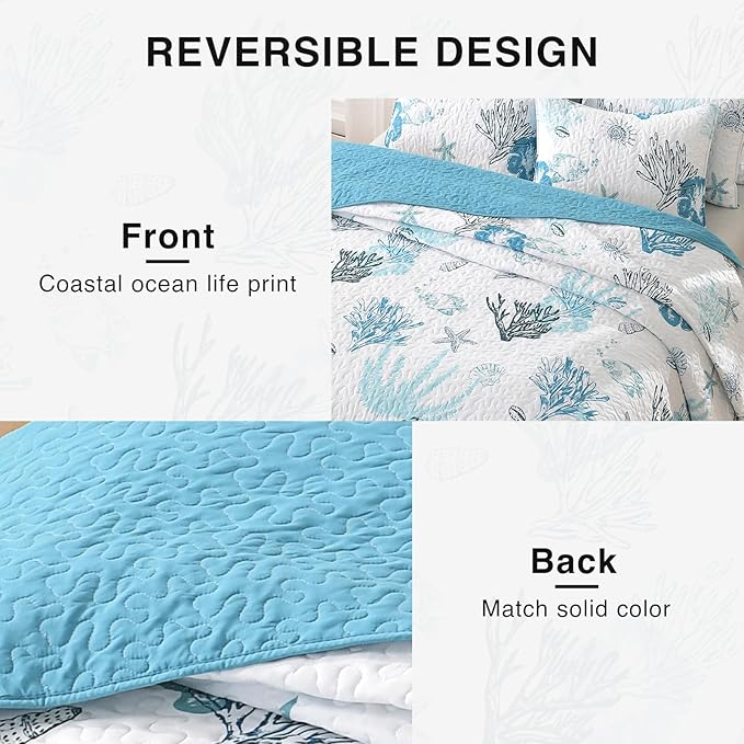 HORIMOTE HOME Coastal Quilt Bedding Set Queen Size, Reversible Blue Summer Beach Quilt Lightweight Ocean Nautical Comforter Tropical Bedspread Coverlet with 2 Pillow Shams for All Seasons (90"x96")