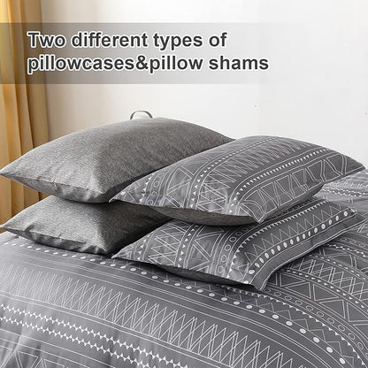 WONGS BEDDING Grey Boho Comforter Set Queen Size,Dark Grey Bed in a Bag 7 Pieces Texture Stripe Comforter Reversible Soft Microfiber Bedding Set for All Season with Sheets, Pillowcases & Shams