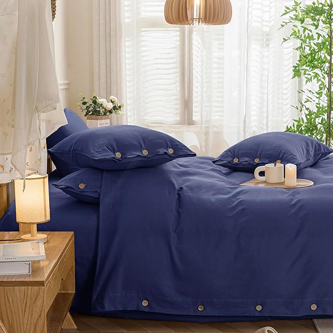 JELLYMONI Cotton Duvet Cover Queen Size - Navy Blue Comforter Cover with Button 100% Washed Cotton 3PCS Breathable Soft Solid Bedding Set Duvet Cover 90×90in & 2 Pillowcases (NO Comforter)
