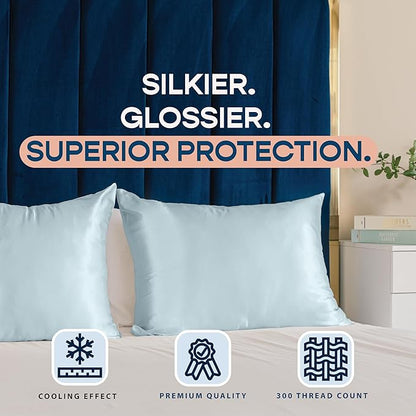 BLISSFORD Satin Pillowcase with Zipper, for Hair and Skin Care, Feels Soft and Cool Like a Silk Pillowcase, Satin Pillow Cases 2 Pack, Slik Pillow Cover, Baby Blue - Queen Size, Set of 2