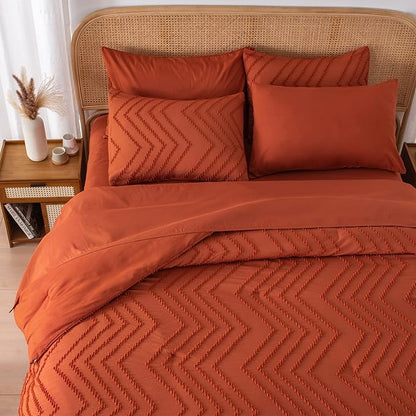 Litanika Queen Comforter Set with Sheets Burnt Orange - 7 Pieces Bed in a Bag Queen Boho Complete Bedding Sets Terracotta Rust Lightweight Bed Set with Comforter, Sheets, Pillowcases & Shams