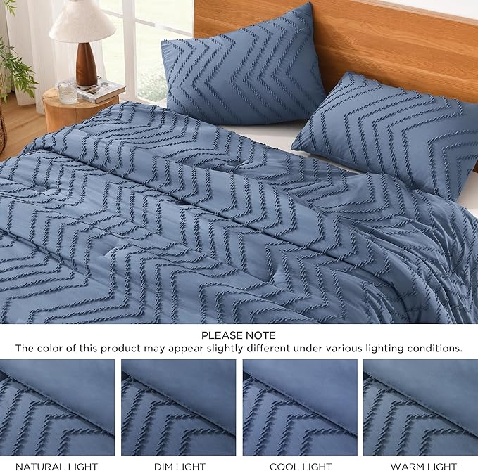 Litanika Comforter Oversized King Size Set Ocean Blue, 3 Pieces Chevron Tufted Solid Bedding Comforter Sets, Fluffy Bed Set