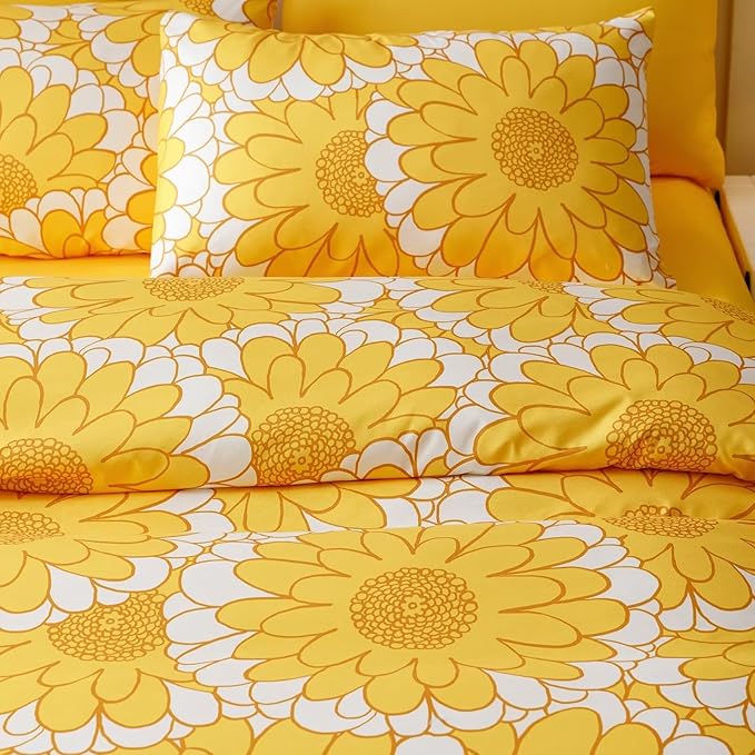 Houseri Yellow Floral Comforter Set King 3 Piece Yellow Sunflower Bedding King Size Lightweight Modern White and Yellow Botanical Bed Set Soft Comfy Quilt Blanket King