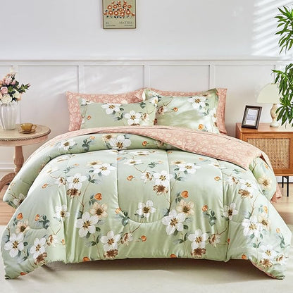 AIKASY 7 Piece Floral Comforter Set Queen Size - Soft Microfiber Bed in a Bag with Sheet Set for All Seasons - Green Flower Botanical Design - Reversible Bedding Set