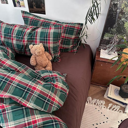 mixinni Vintage Green Buffalo Plaid Washed Cotton Duvet Cover King - Soft Breathable Textured Bedding Set with Zipper Closure for All Seasons-1 Duvet Cover + 2 Pillow Shams-King Size