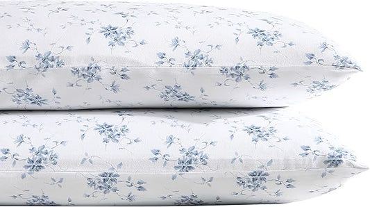 Laura Ashley - Pillowcase Set, Smooth & Wrinkle-Resistant Cotton Sateen Bedding, 2 Piece Pillowcases (Garden Muse Blue, Standard)