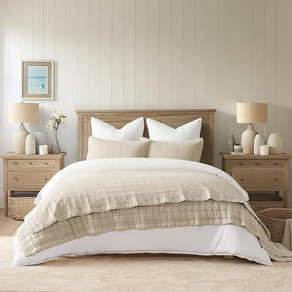 EVERGRACEHOME Stonewashed Cotton Quilt Set Full Queen Size, Ultra Soft Oversized Bedspread Coverlet Set, Lightweight Crinkle Box Stitch Bedding Sets for All Season, with 2 Shams, Flax Beige