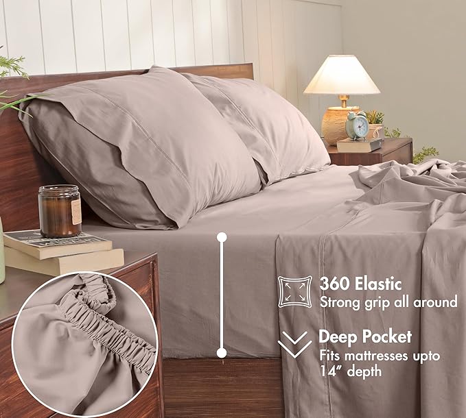 RUVANTI 100% Cotton Sheets – California King Percale Bedding, Cooling & Breathable, Durable with a Crisp, Soft & Comfortable Feel, 14" Deep Pocket, 4-Piece Set, Warm Mocha