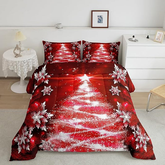 Feelyou Christmas Tree Comforter Set for Children Kids Boys Girls Luxury Chic Xmas Theme Bedding Set Glitter Snowflake Star Comforter Microfiber Red Duvet Set Room Decor Quilt Set Toddler Size