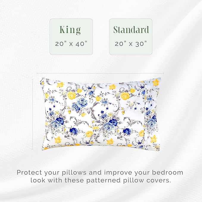 Elegant Comfort Ultra Soft Set of 2 Floral Print Pillowcases - Premium Hotel Quality Microfiber, Soft and Smooth Envelope Closure 2-Piece Pillow Covers - King, Gold Jenna