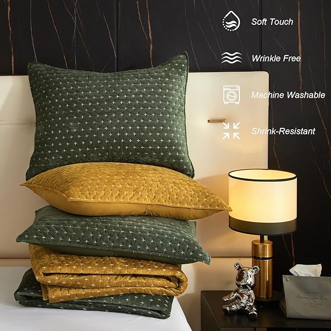 Powdion Velvet Quilt Queen Size, Oversized Bedspread Quilted Bedding Set, Luxurious Soft Coverlet Set Lightweight Velvet Comforter for All Season with Pillow Shams 90x96 Army Green Striped Queen