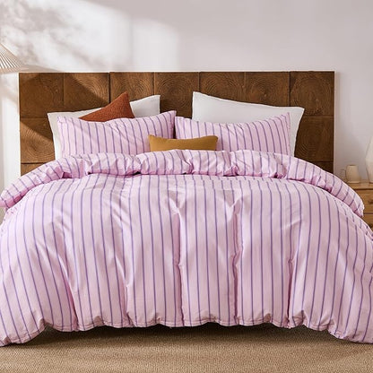 Merryword 100% Cotton Duvet Cover Set King Size - Pink & Purple Striped Bedding Set with Zipper & Corner Ties, 3-Piece Luxury & Silky Soft Bedding Set for All Seasons