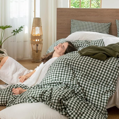 MooMee Gingham Duvet Cover Set 100% Washed Cotton Linen Like Textured Breathable Durable Soft Comfy Modern Checkered Design (Forest Green Gingham, Twin 68"x90")